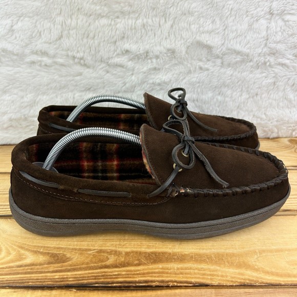 Nunn Bush Mens Size 10 Slippers Eddie Mocassin Brown Leather Faux Fur Plaid - Picture 1 of 14